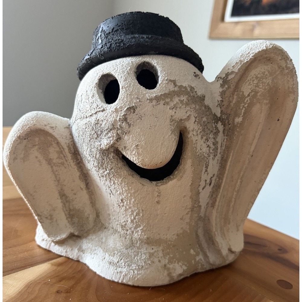 Vintage 1983 Halloween Plaster Concrete Statue Ghost W/ Hat Rustic Holds Candle